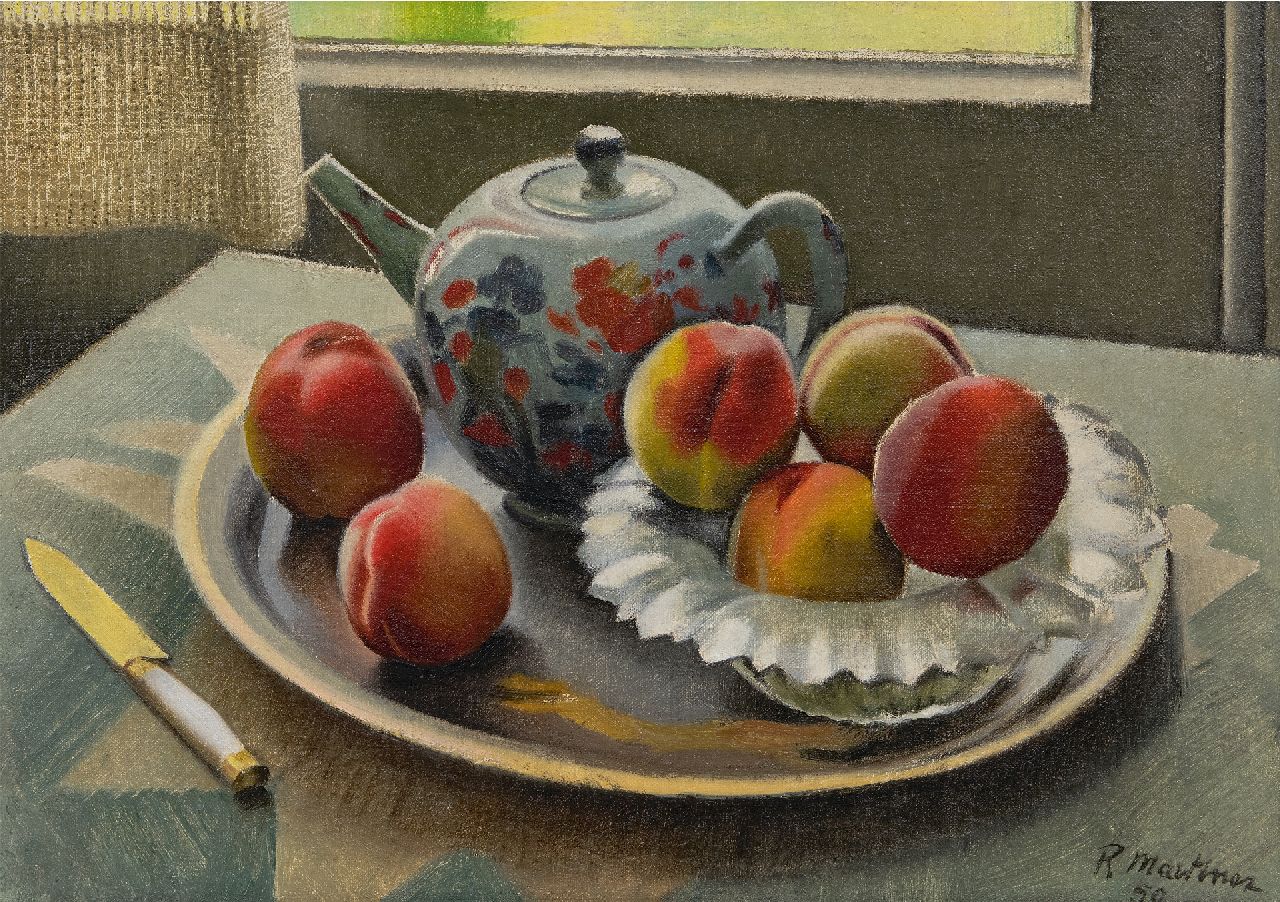 Martinez R.  | Raoul Martinez | Gemälde zum Verkauf angeboten | Stillleben mit Teekanne und Pfirsichen beim Fenster, Öl auf Leinwand 35,4 x 50,2 cm, Unterzeichnet u.r. und datiert '50