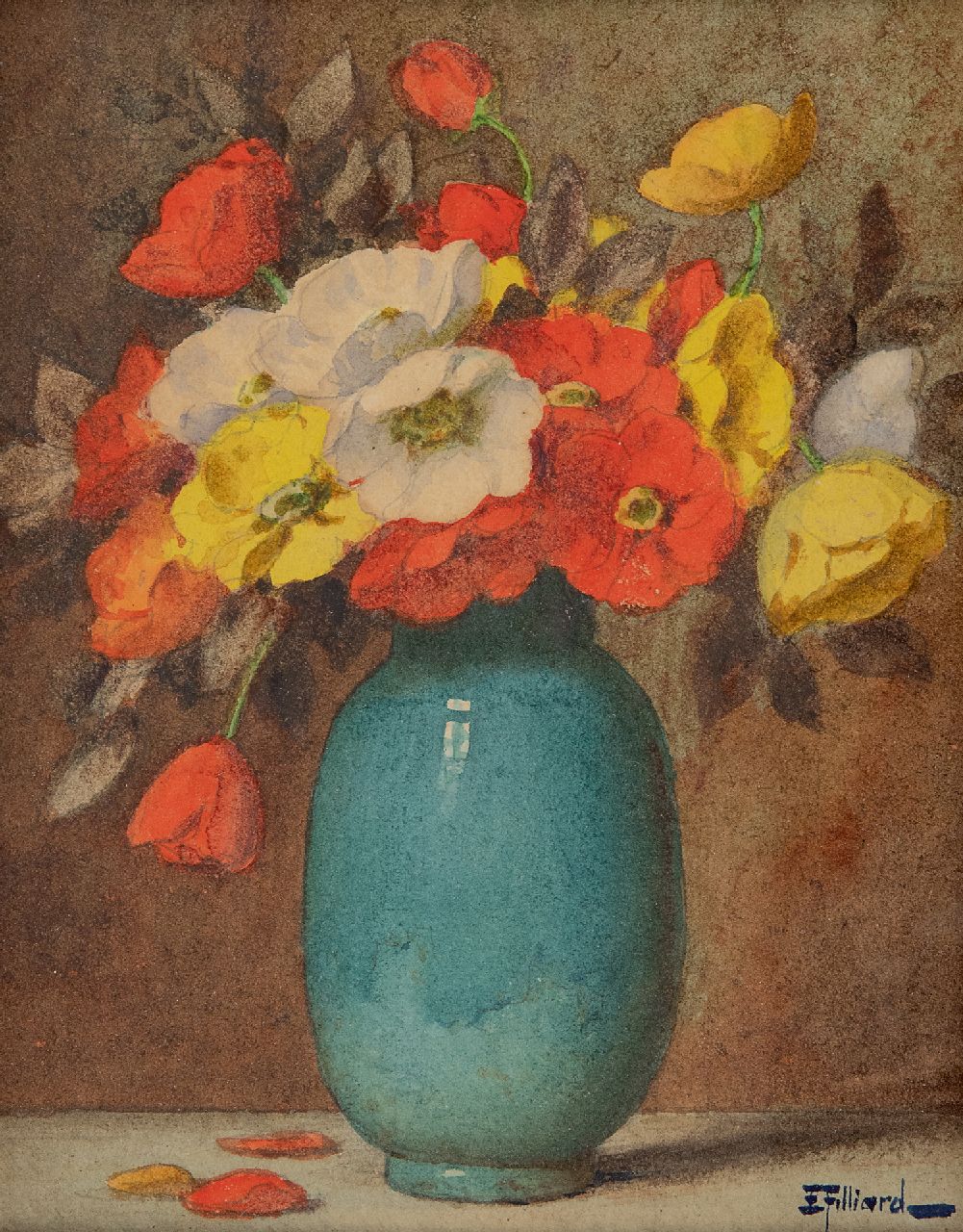 Filliard E.  | Ernest Filliard | Aquarelle und Zeichnungen zum Verkauf angeboten | Mohnblumen in einer blauen Vase, Aquarell auf Papier 16,7 x 13,8 cm, Unterzeichnet u.r.
