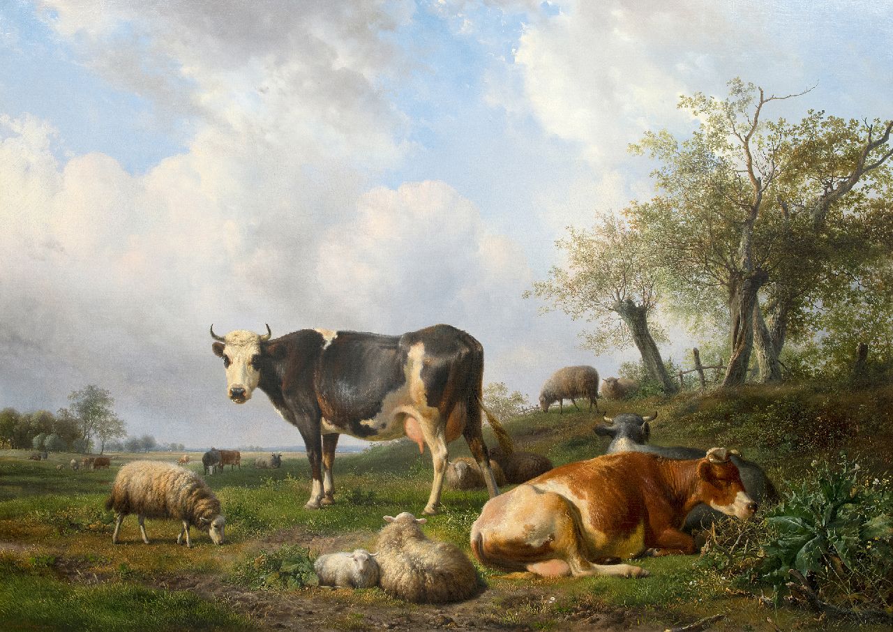 Sande Bakhuyzen H. van de | Hendrikus van de Sande Bakhuyzen | Gemälde zum Verkauf angeboten | Landscape with resting cows and sheep, Öl auf Leinwand 108,0 x 150,0 cm, Unterzeichnet u.l.