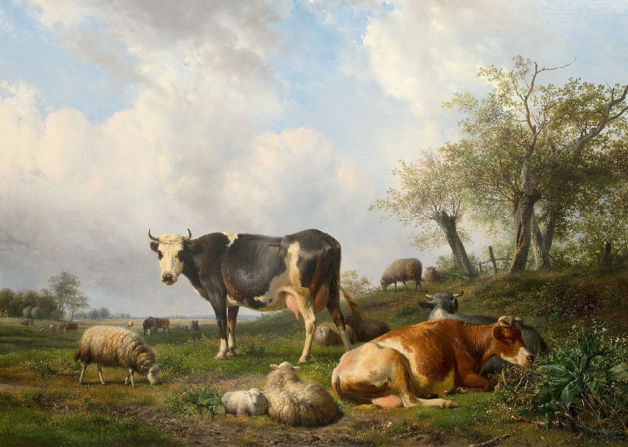 Hendrikus van de Sande Bakhuyzen | Landscape with resting cows and sheep, Öl auf Leinwand, 108,0 x 150,0 cm, Unterzeichnet u.l.