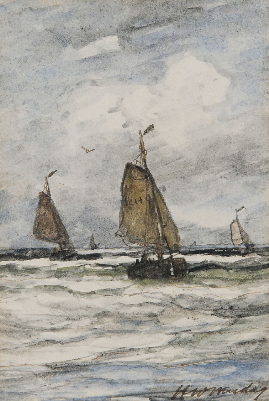 Mesdag H.W.  | Hendrik Willem Mesdag, Rückkehr der Fischereiflotte Scheveningen, vor dem SCH-9, Braune Tinte und Aquarell auf Papier 19,5 x 15,5 cm, Unterzeichnet u.r.
