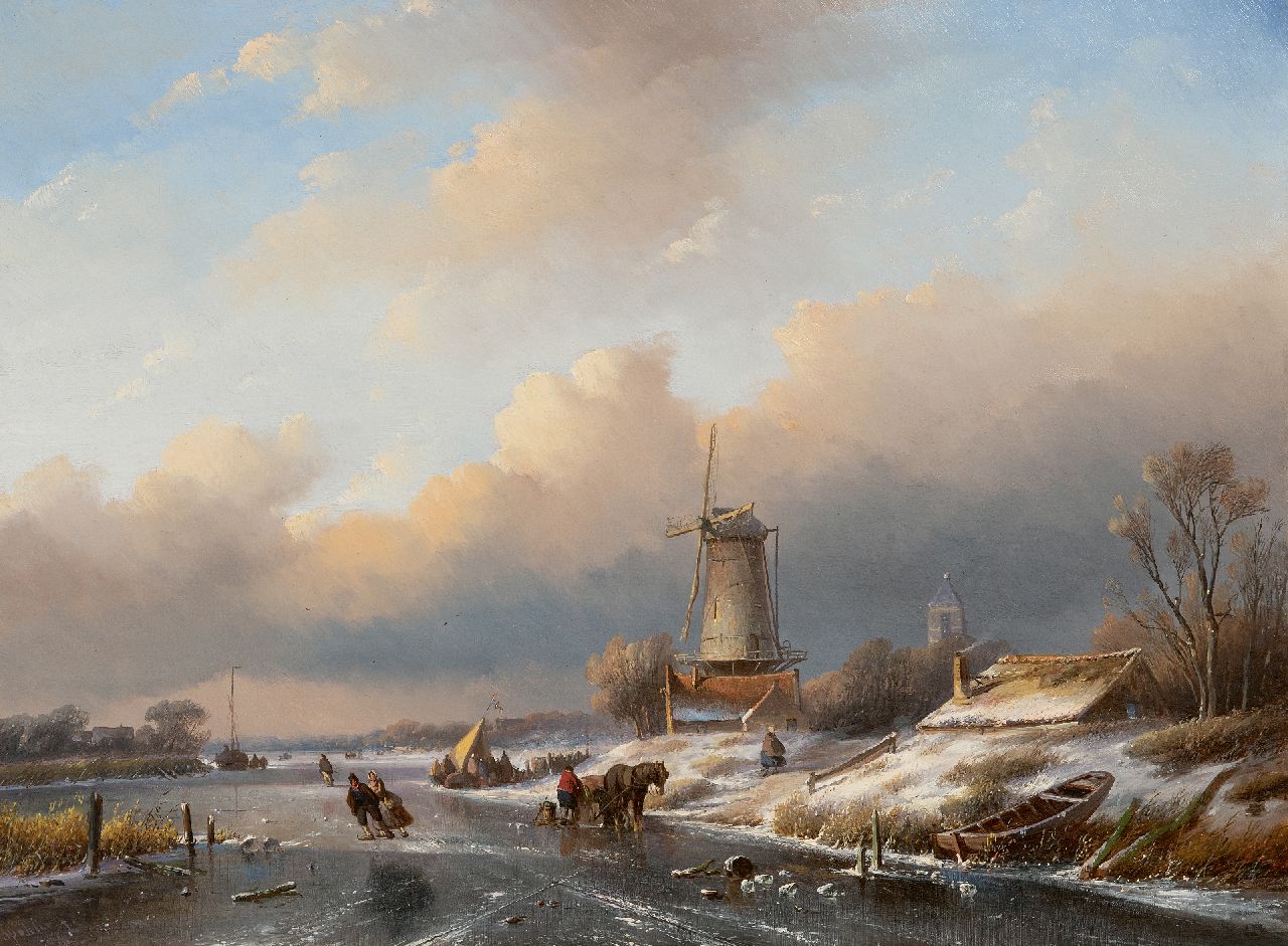 Spohler J.J.  | Jan Jacob Spohler, Winterlandschaft mit Bauern und Schlittschuhläufern, Öl auf Holz 40,7 x 55,3 cm, Unterzeichnet u.l.