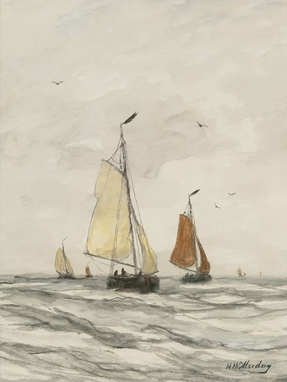Mesdag H.W.  | Hendrik Willem Mesdag, Fischerboote auf dem offenen Meer, Aquarell auf Papier 41,0 x 30,5 cm, Unterzeichnet r.u.