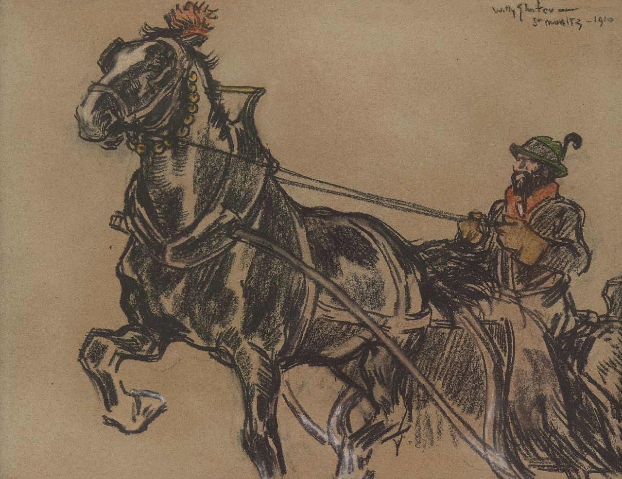 Sluiter J.W.  | Jan Willem 'Willy' Sluiter, Mit dem Schlitten durch St. Moritz, Farbkreide auf Papier 31,5 x 41,2 cm, Unterzeichnet r.o. und datiert 1910