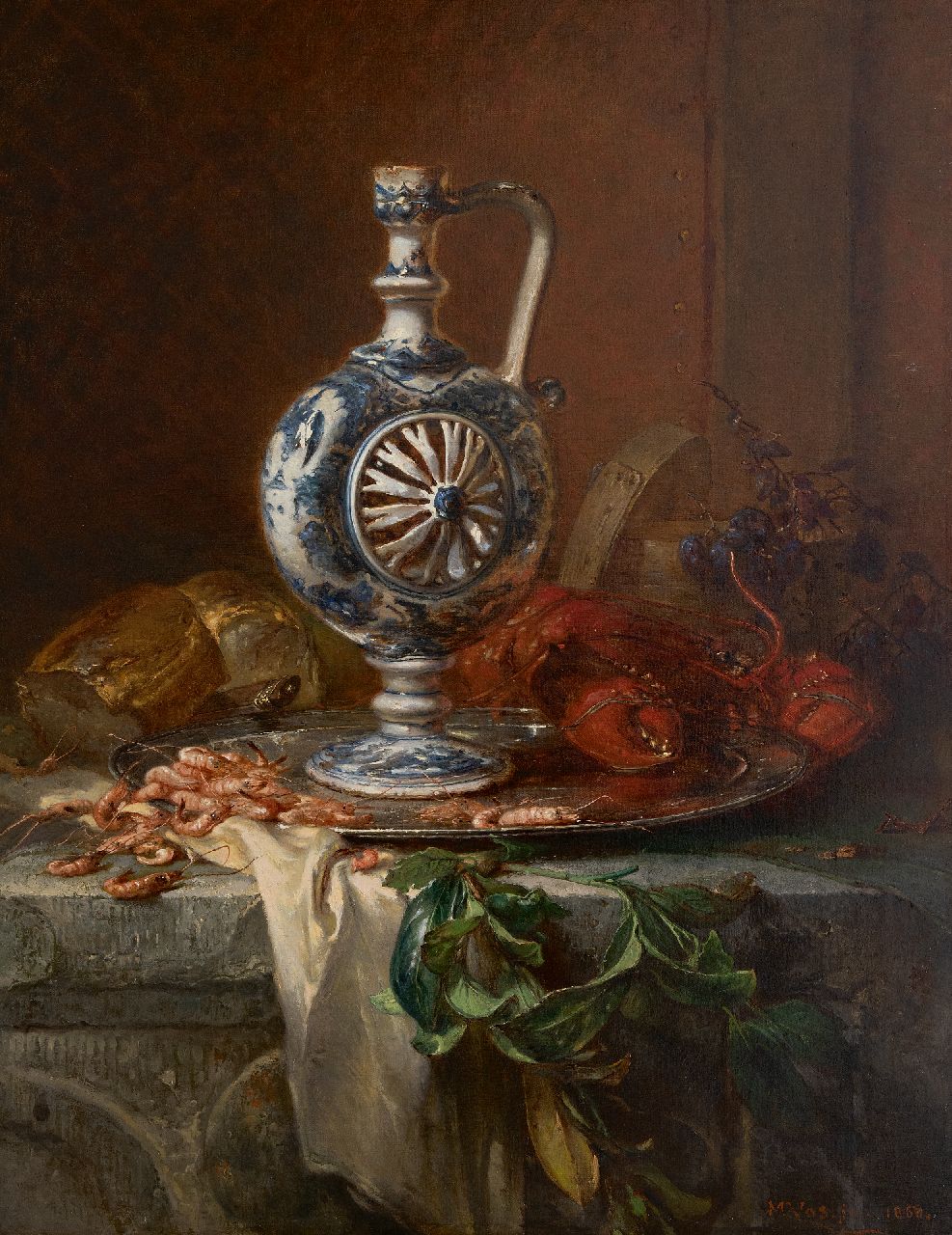 Maria Vos | Stilleben mit Steingutkrug, Zinnschale, Hummer und Garnelen, Öl auf Leinwand, 84,4 x 67,3 cm, Unterzeichnet u.r. und datiert 'Jan' 1868