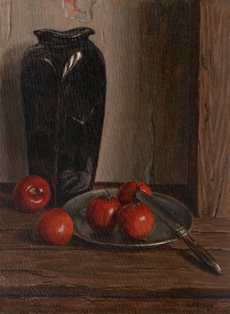 Hansen C.  | Co Hansen | Gemälde zum Verkauf angeboten | Stillleben mit eine Vase und Tomaten, Öl auf Leinwand 54,4 x 40,5 cm
