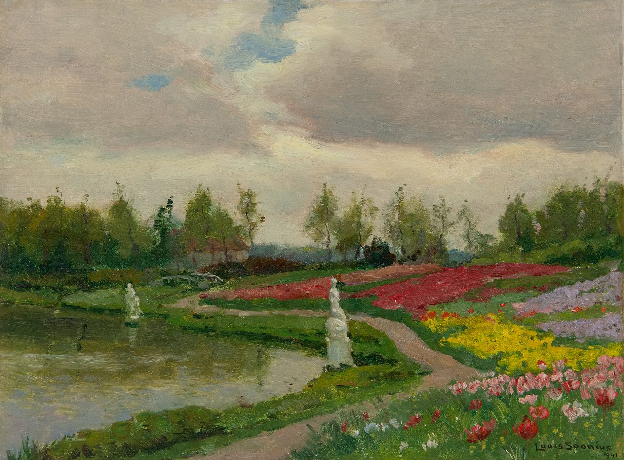 Soonius L.  | Lodewijk 'Louis' Soonius, Blumenfelder an einem Teich, Öl auf Leinwand 27,5 x 36,0 cm, Unterzeichnet u.r. und datiert 1941