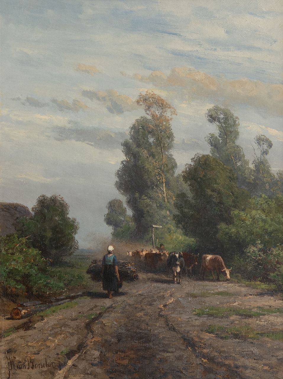 Borselen J.W. van | Jan Willem van Borselen, Sommerlandschaft mit Herde und Schäfer, Öl auf Leinwand 40,9 x 31,0 cm, Unterzeichnet l.u.