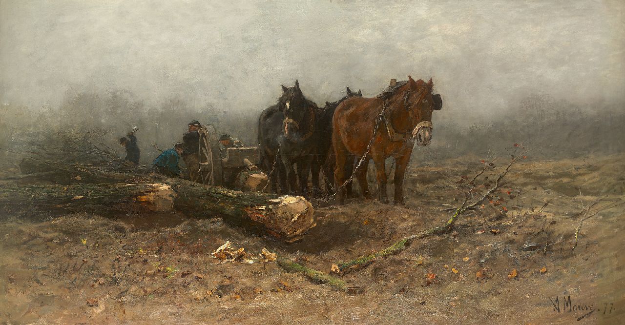 Mauve A.  | Anthonij 'Anton' Mauve, Holzwagen mit Pferden, Öl auf Leinwand 106,6 x 205,8 cm, Unterzeichnet r.u. und datiert '77