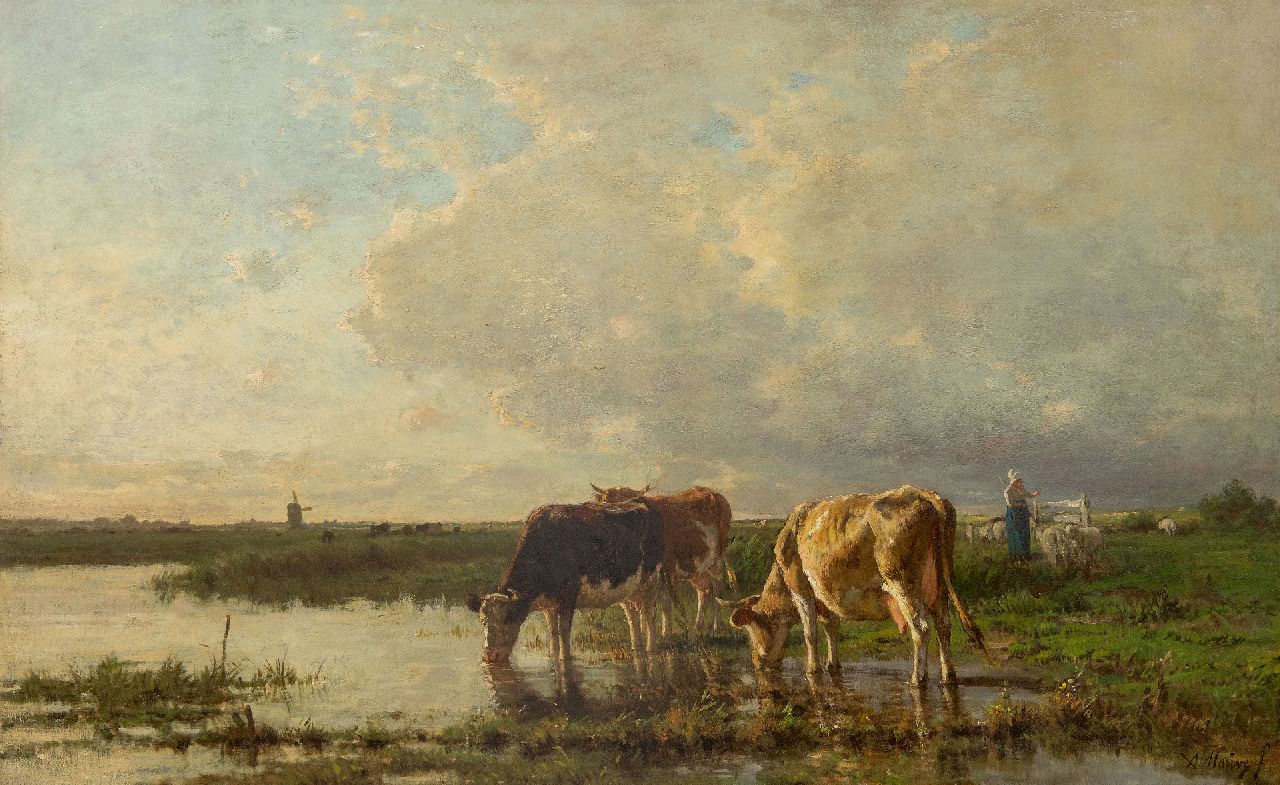 Mauve A.  | Anthonij 'Anton' Mauve | Gemälde zum Verkauf angeboten | Trinkendes Vieh entlang des Flusses, Öl auf Leinwand 84,8 x 134,8 cm, Unterzeichnet u.r.
