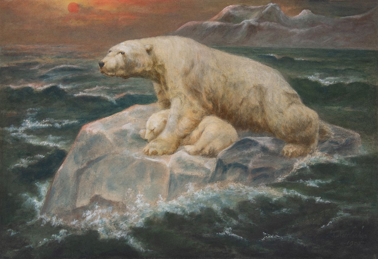 John Trivett Nettleship | Eisbär mit Jungen auf einem Eisstrom bei Sonnenuntergang, Gouache auf Papier, 47,2 x 69,9 cm, Unterzeichnet u.r. und datiert 1900