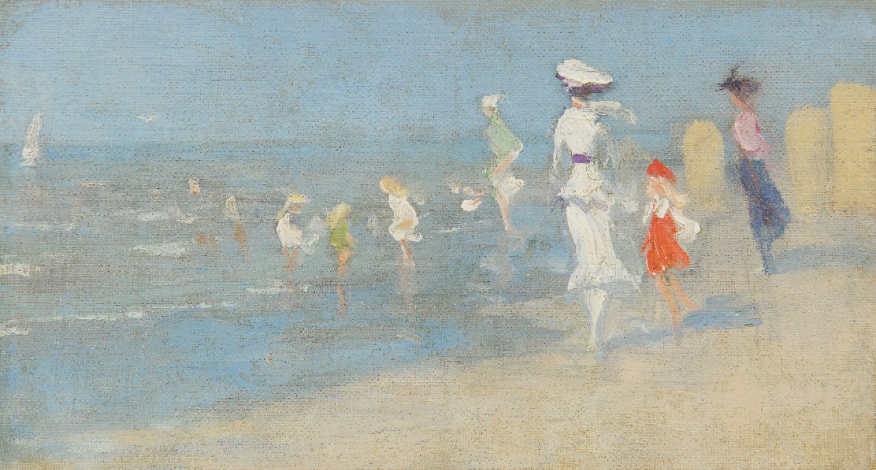 Steenwijk H. van | Hendrik van Steenwijk | Gemälde zum Verkauf angeboten | Strandszene mit Badegästen, Öl auf Leinwand  auf Holzfaser 13,2 x 24,2 cm