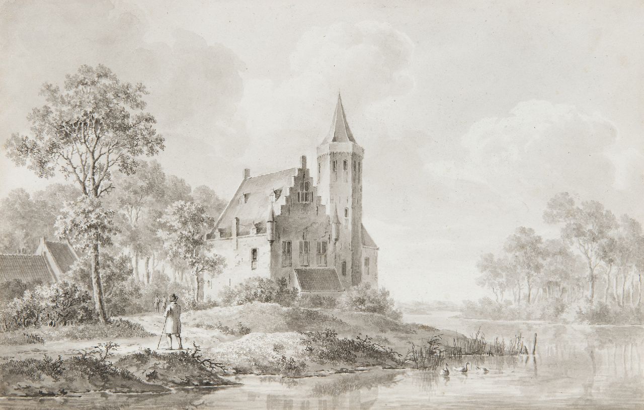 Koekkoek B.C.  | Barend Cornelis Koekkoek, Reisenden an einem Schloss beim Flussufer, Getuschte Tinte auf Papier 18,0 x 27,5 cm