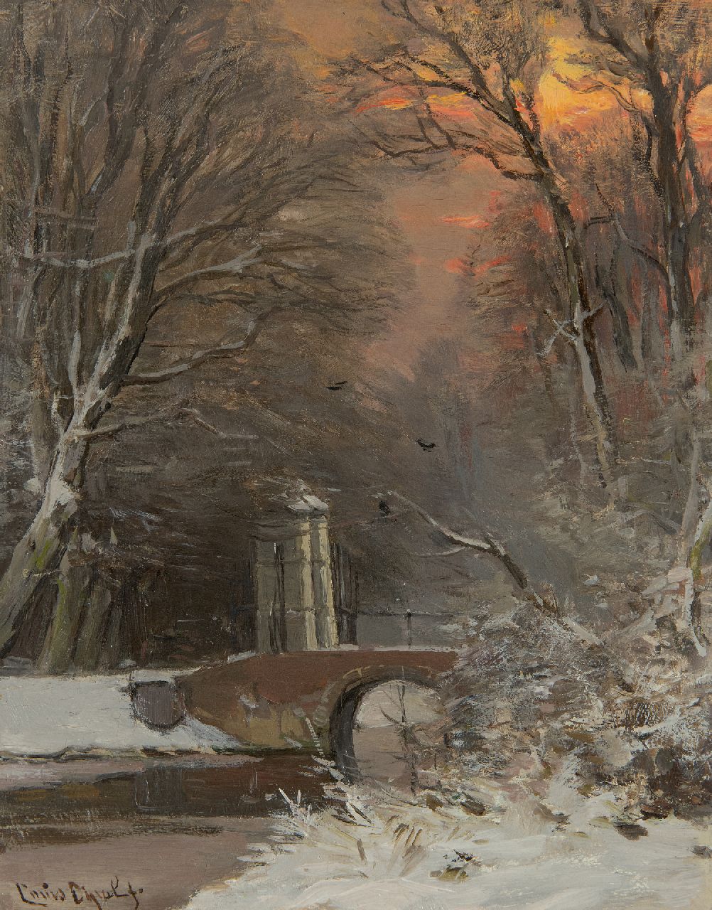 Apol L.F.H.  | Lodewijk Franciscus Hendrik 'Louis' Apol, Blick in einen verschneiten Wald in der Abenddämmerung, Öl auf Holz 27,4 x 21,9 cm, Unterzeichnet u.l.