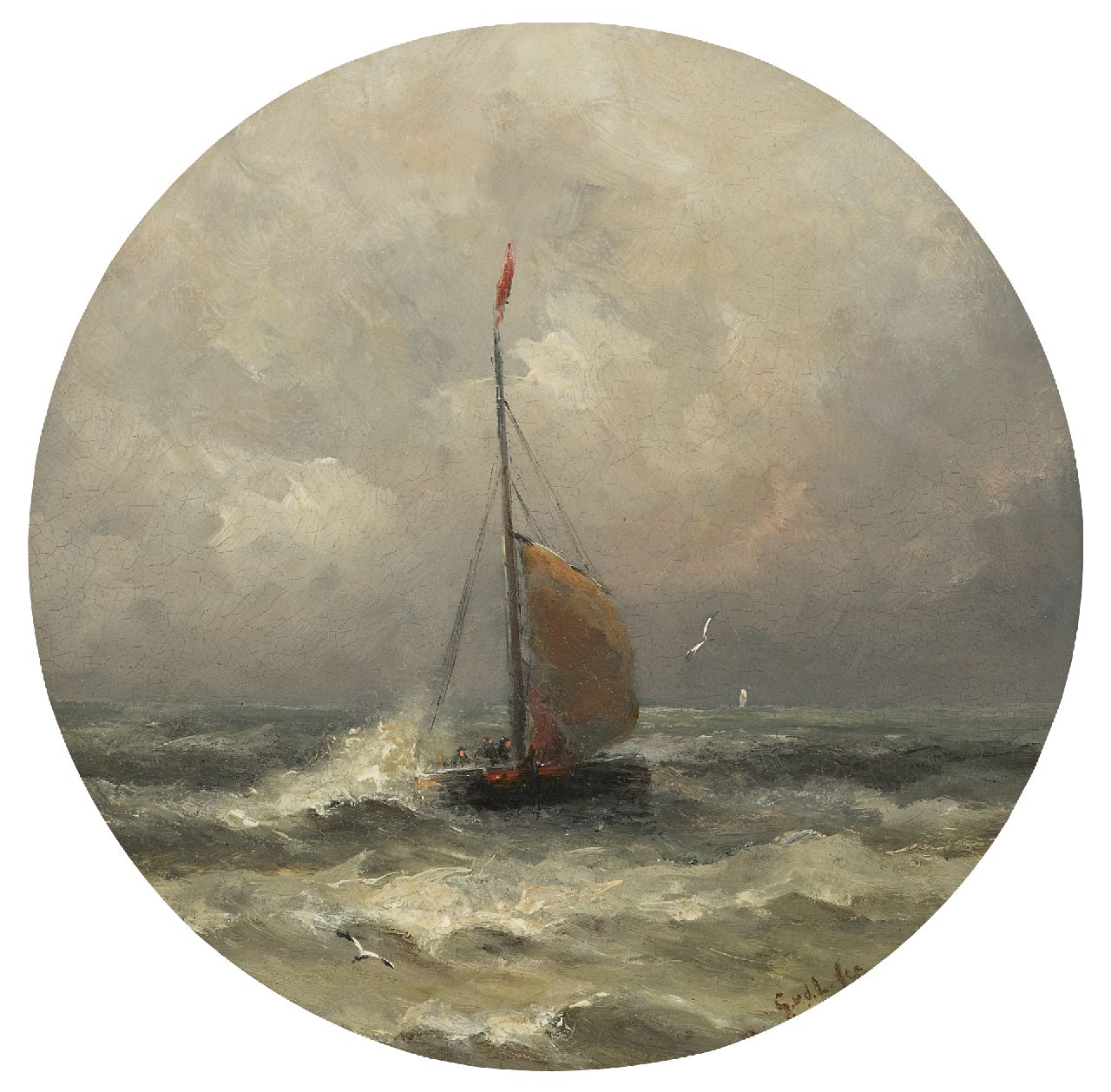 Laan G. van der | Gerard van der Laan | Gemälde zum Verkauf angeboten | Ankommendes Fischerboot, Öl auf Porzellan 28,3 x 28,3 cm, Unterzeichnet u.r. mit Initialen