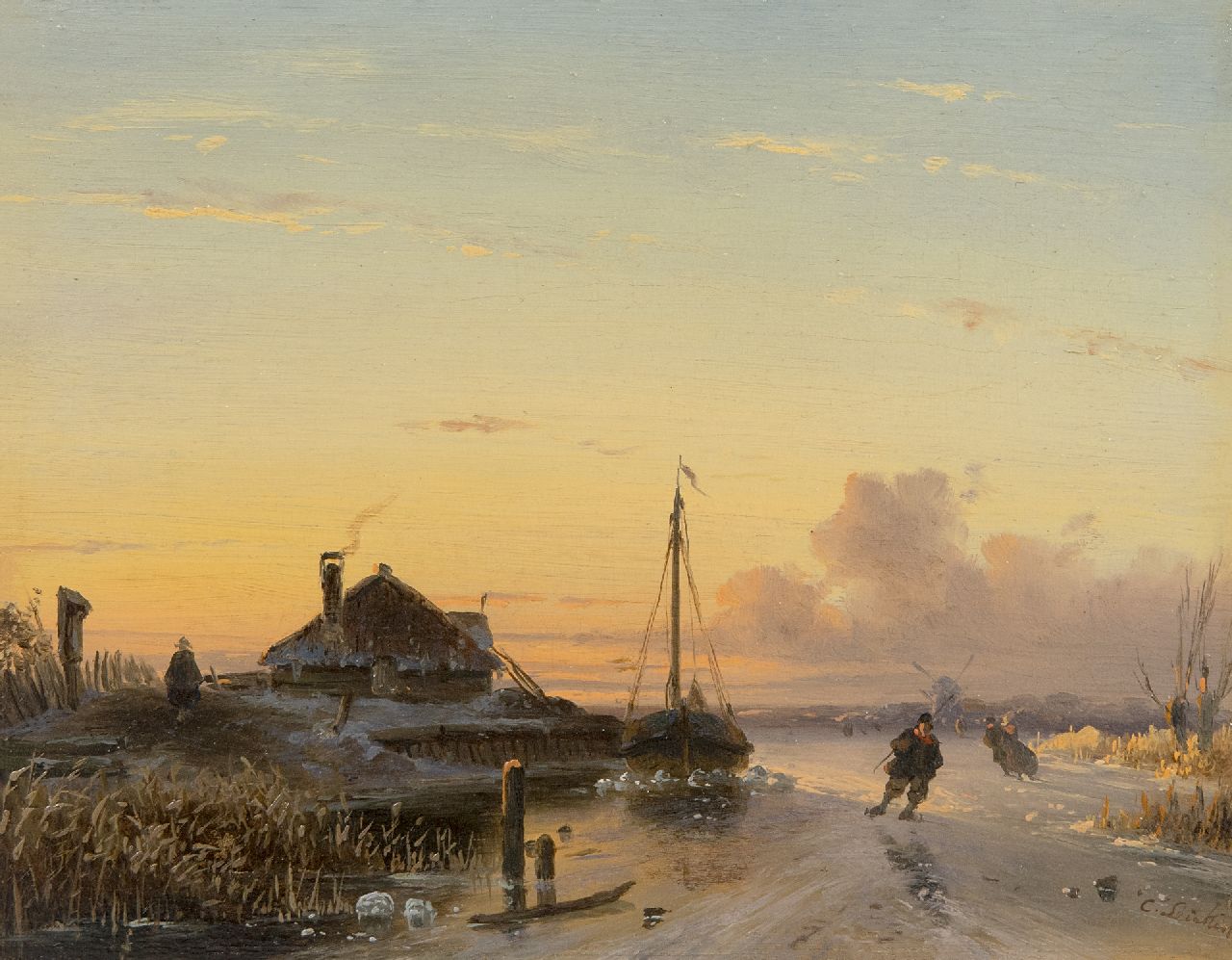Leickert C.H.J.  | 'Charles' Henri Joseph Leickert | Gemälde zum Verkauf angeboten | Skater bei Sonnenuntergang, Öl auf Holz 17,0 x 21,0 cm, Unterzeichnet u.r. und zu datieren um 1846-50