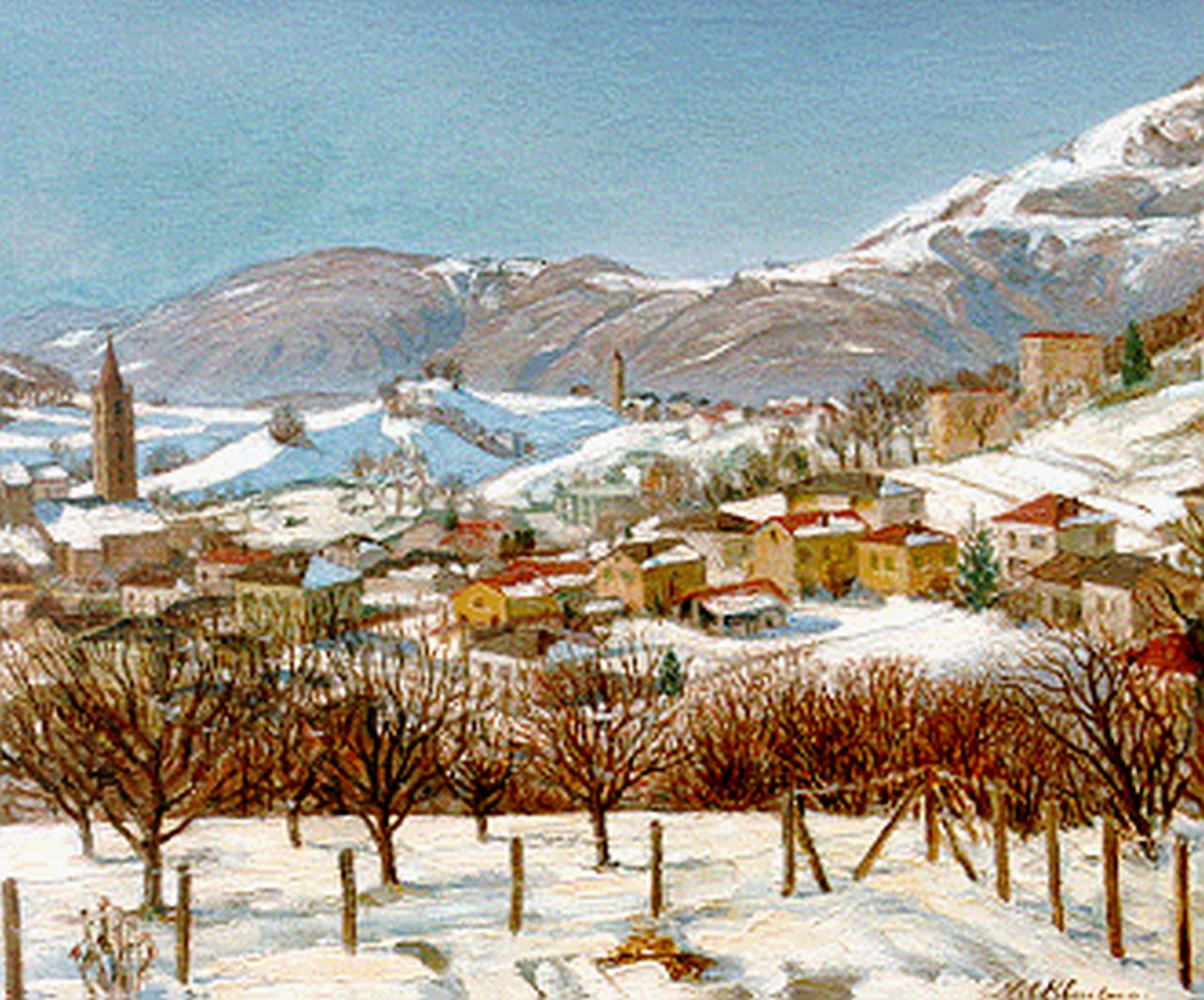 Kluitman P.J.M.  | Petronella Johanna Marie 'Nel' Kluitman, A village in a mountainous landscape, Öl auf Leinwand 49,8 x 59,9 cm, signed l.r. und dated Jan. '70