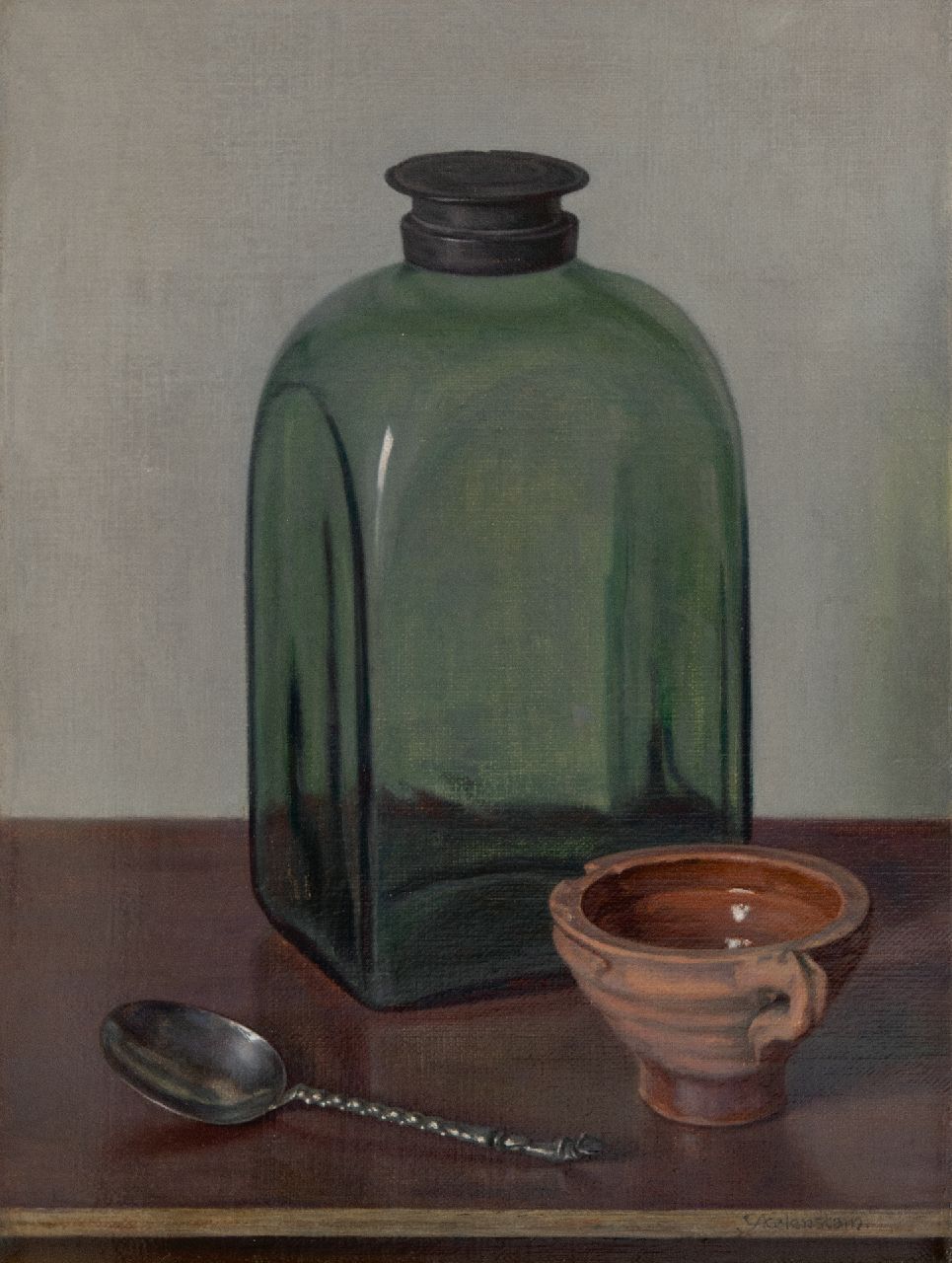 IJkelenstam H.  | Hendrikus IJkelenstam | Gemälde zum Verkauf angeboten | Stillleben mit Glasflasche, Öl auf Leinwand 41,2 x 30,3 cm, Unterzeichnet u.r.