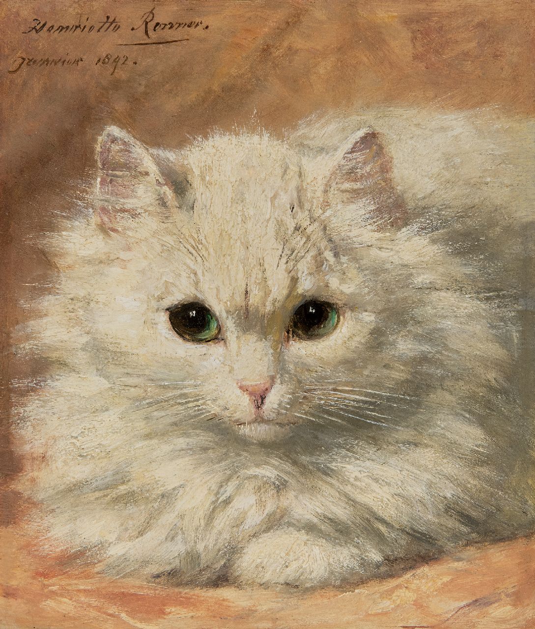 Ronner-Knip H.  | Henriette Ronner-Knip, Weißes Angora-Kätzchen, Öl auf Holz 22,8 x 19,2 cm, Unterzeichnet o.l. und datiert 'Janvier' 1892