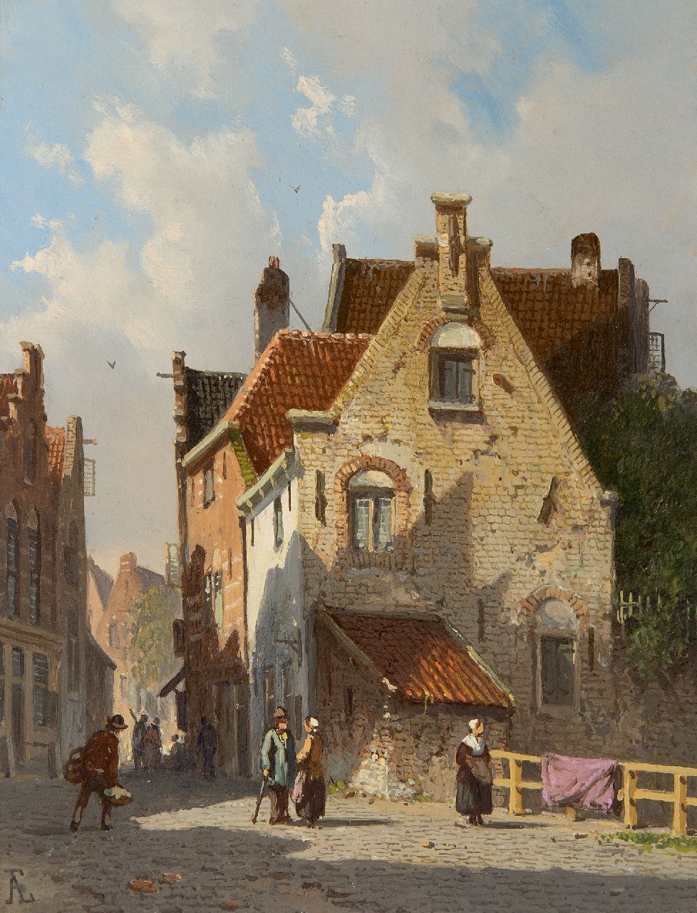 Eversen A.  | Adrianus Eversen | Gemälde zum Verkauf angeboten | Sunny street with figures, Öl auf Holz 19,1 x 14,5 cm, Unterzeichnet u.l. mit Monogramm