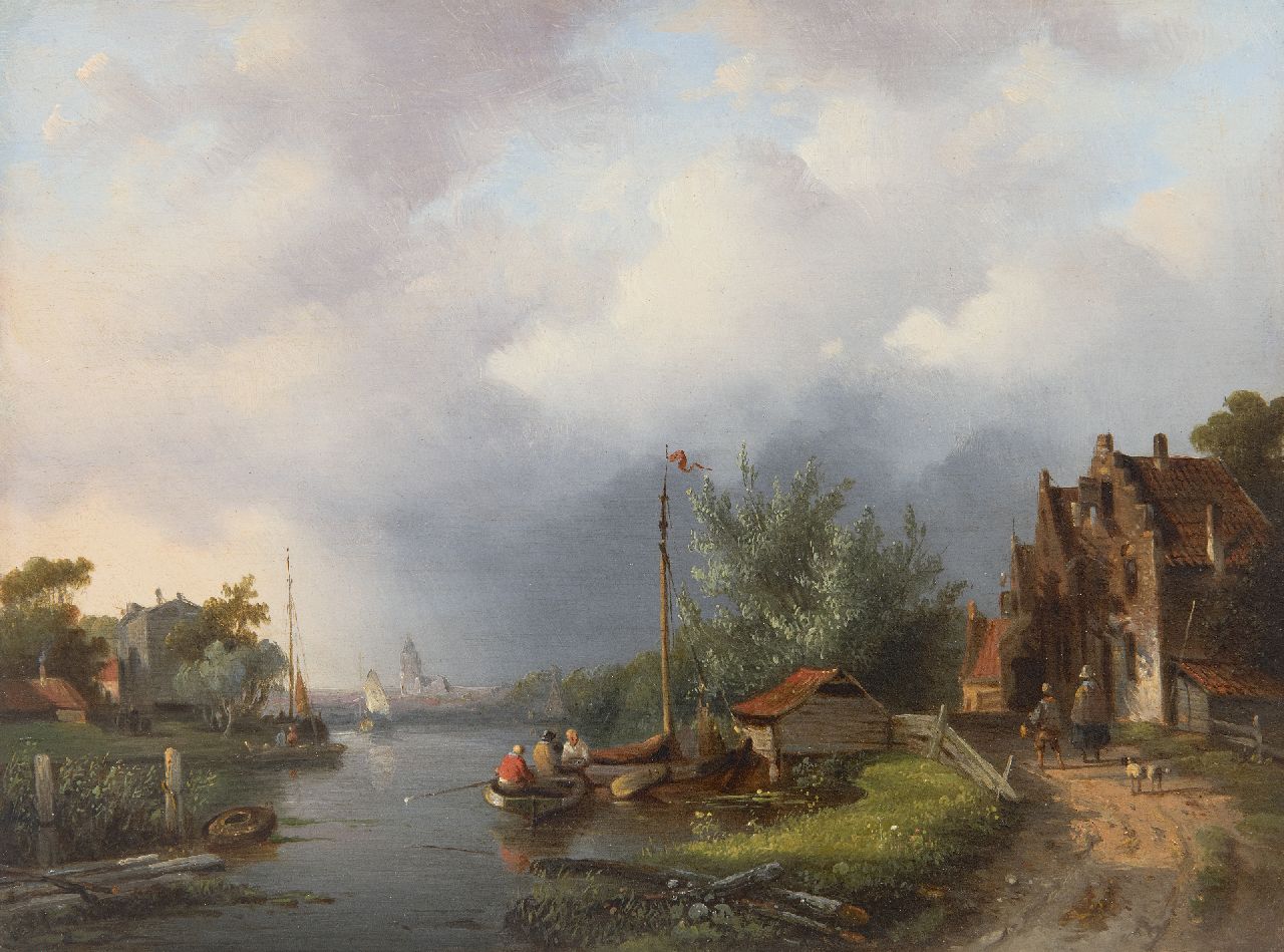 Stok J. van der | Jacobus van der Stok | Gemälde zum Verkauf angeboten | Sommerdorf an einem Fluss, Öl auf Holz 21,1 x 28,1 cm