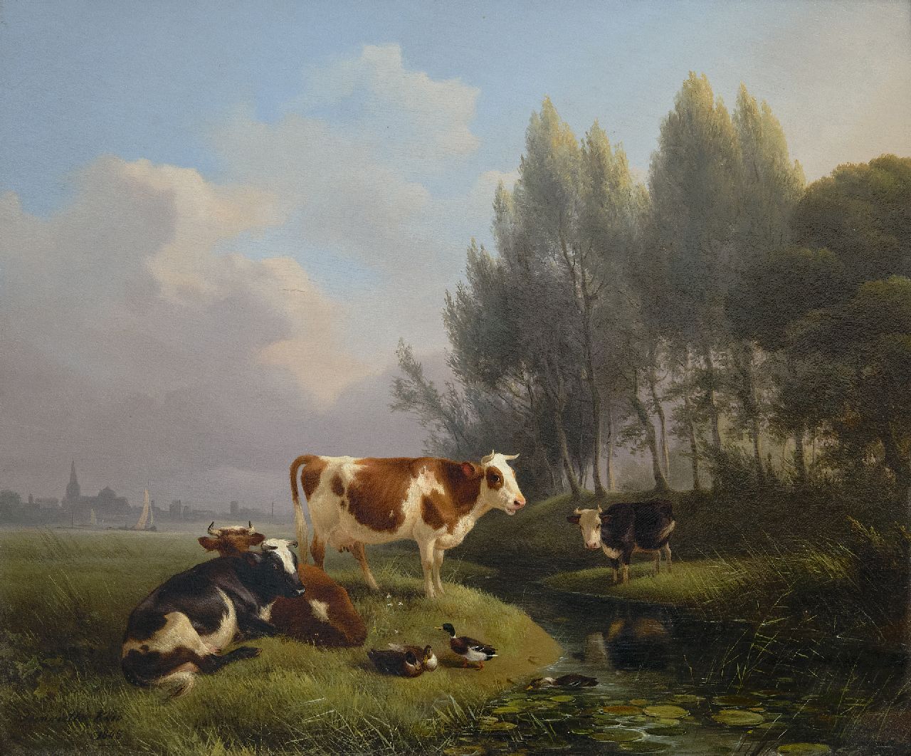 Ronner-Knip H.  | Henriette Ronner-Knip, Kühe auf der Wiese, Den Bosch im Hintergrund, Öl auf Holz 33,0 x 39,2 cm, Unterzeichnet l.u. und datiert 1845