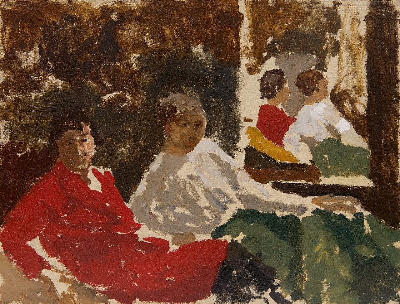 Breitner G.H.  | George Hendrik Breitner, Zwei Frauen sitzend vor einem Spiegel, Öl auf Holz 31,5 x 41,2 cm, Unterzeichnet o.L.