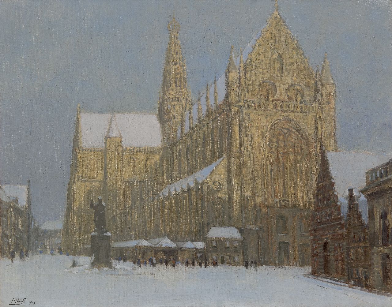 Herman Heuff | Die St. Bavokerk in Haarlem im Schnee, Öl auf Leinwand, 49,3 x 63,2 cm, Unterzeichnet u.l. und datiert 1919
