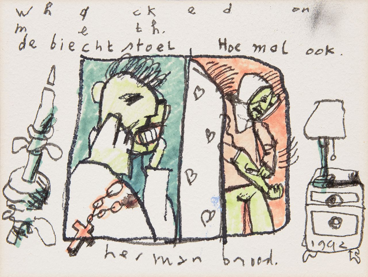 Brood H.  | Herman Brood | Aquarelle und Zeichnungen zum Verkauf angeboten | Der Beichtstuhl, Filzstift auf Papier 29,0 x 38,8 cm, Unterzeichnet u.m. und datiert 1992