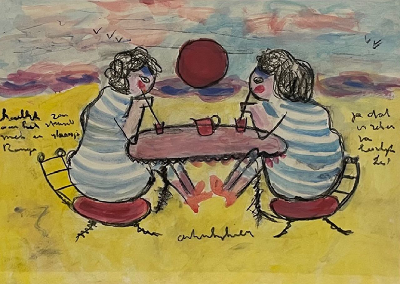 Heyboer A.  | Anton Heyboer | Aquarelle und Zeichnungen zum Verkauf angeboten | Zwei Frauen am Strand, crayon and watercolour on paper 29,0 x 38,5 cm, Unterzeichnet m.u.