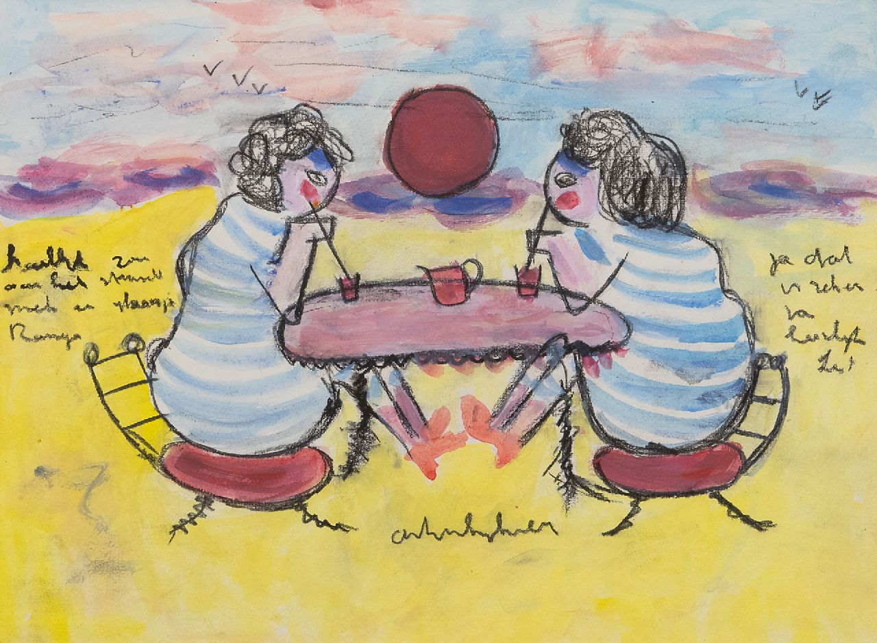 Heyboer A.  | Anton Heyboer | Aquarelle und Zeichnungen zum Verkauf angeboten | Zwei Frauen am Strand, crayon and watercolour on paper 29,0 x 38,5 cm, Unterzeichnet m.u.