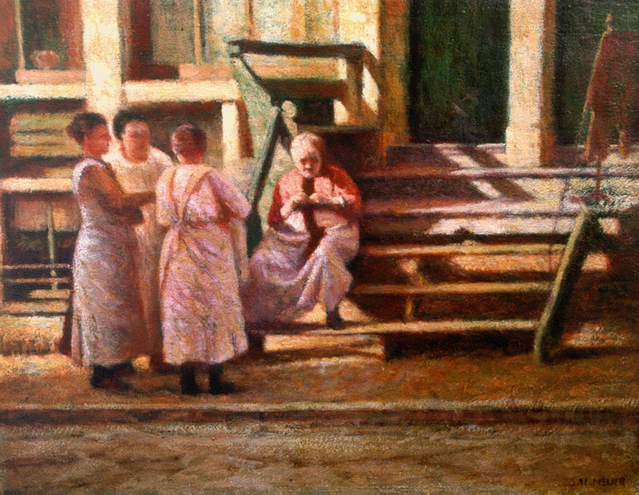 Meijer S.  | Salomon 'Sal' Meijer, Women in a sunlit street, Amsterdam, Öl auf Holz 21,2 x 27,0 cm, signed l.r.