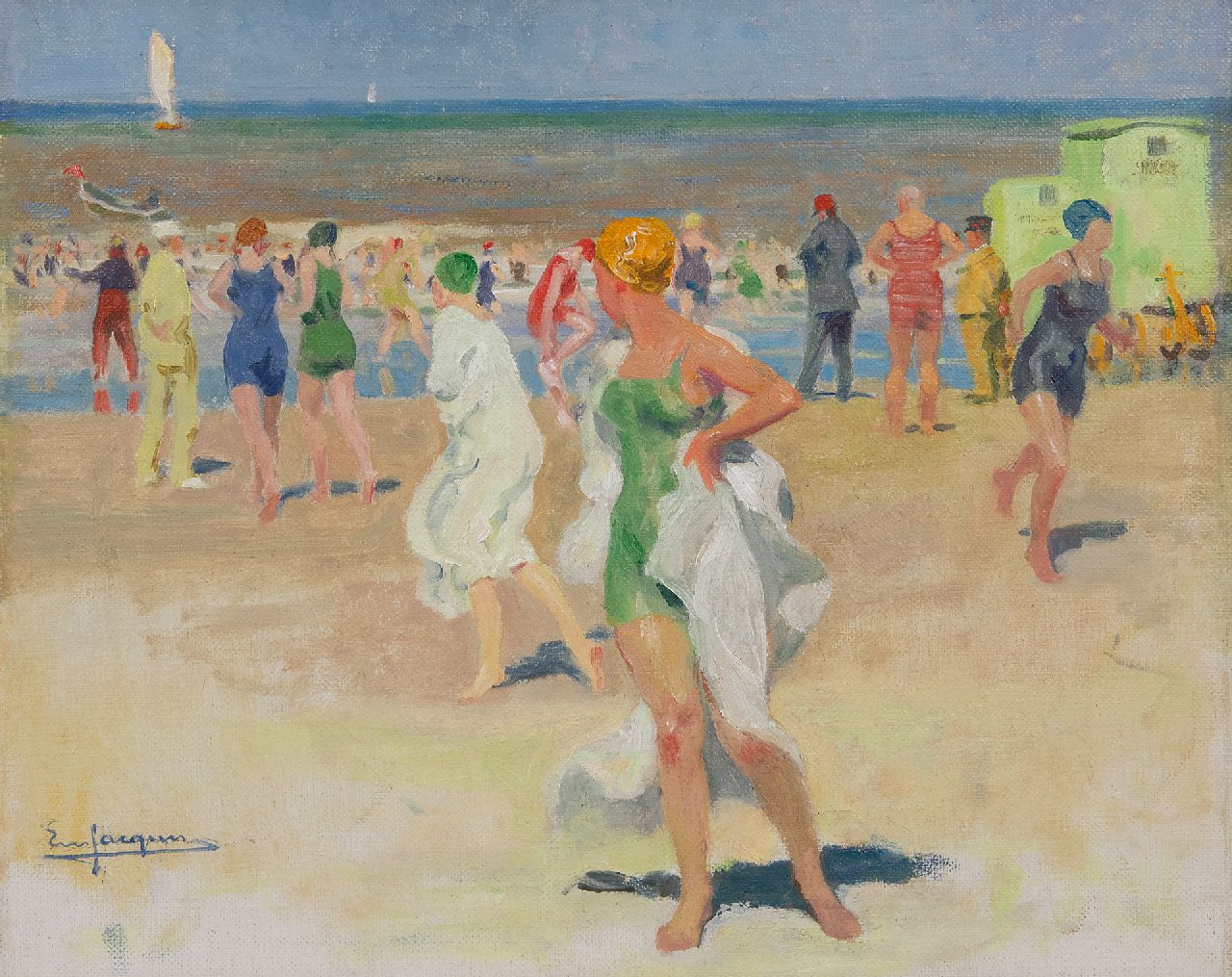 Jacques E.  | Emile Jacques, Strandszene mit Badegästen, Öl auf Leinwand 34,1 x 41,3 cm, Unterzeichnet u.l.