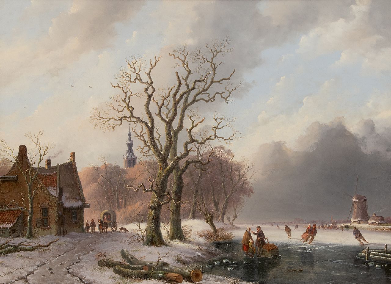 Meijier A.A. de | Anthony Andreas de Meijier, Skater auf einem zugefrorenen Fluss in der Nähe einer Stadt, Öl auf Holz 52,1 x 72,1 cm, Unterzeichnet u.l.