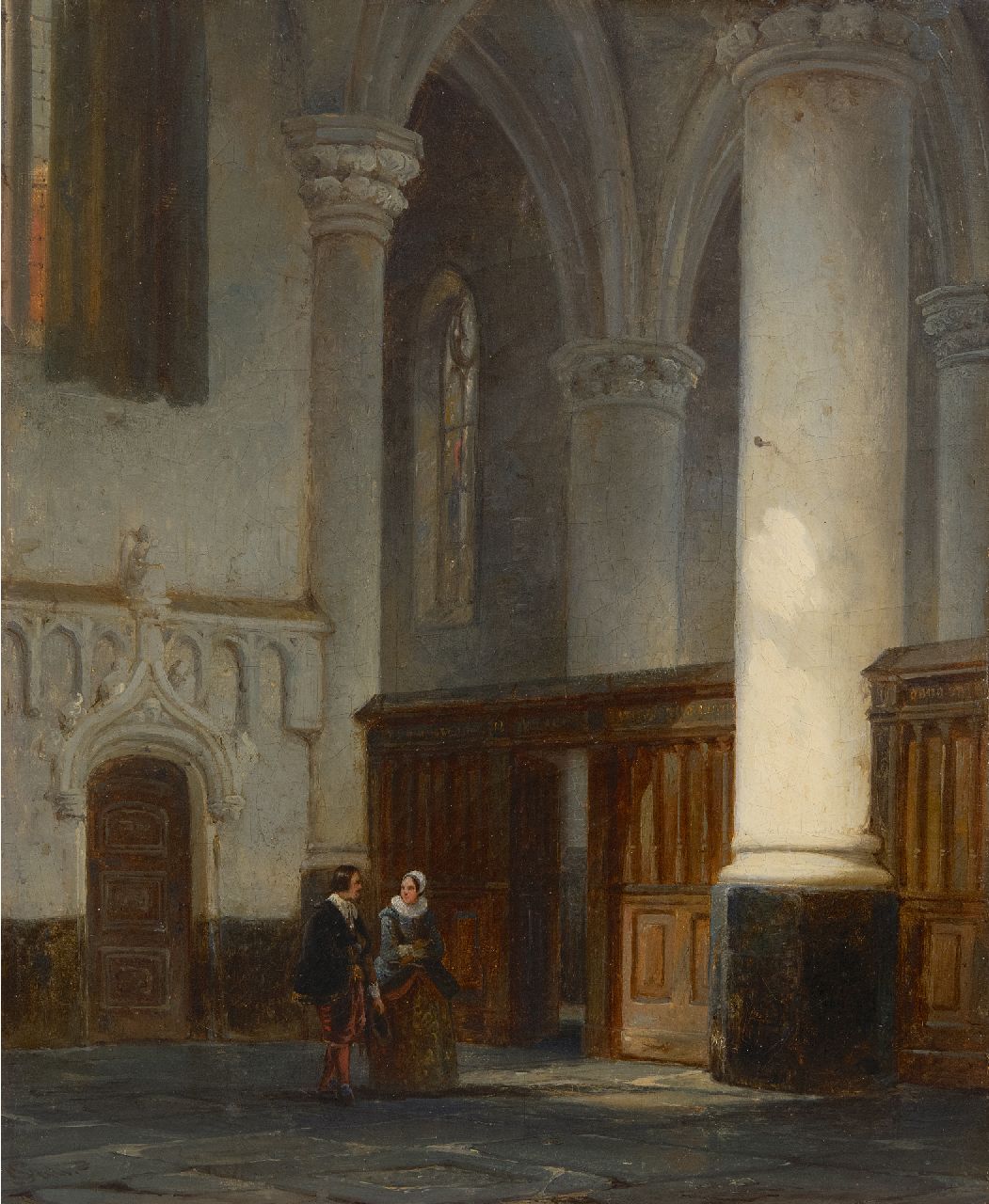 Springer C.  | Cornelis Springer | Gemälde zum Verkauf angeboten | Mann und Frau im Kirchenraum, Öl auf Leinwand 32,9 x 27,3 cm, Unterzeichnet u.l. mit Monogramm und datiert '44