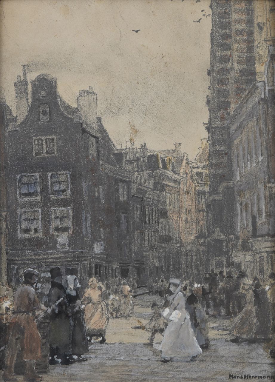 Hans Herrmann | Stadtbild in Amsterdam, Kreide und Aquarell auf Papier auf Leinwand, 34,1 x 24,5 cm, Unterzeichnet u.r.