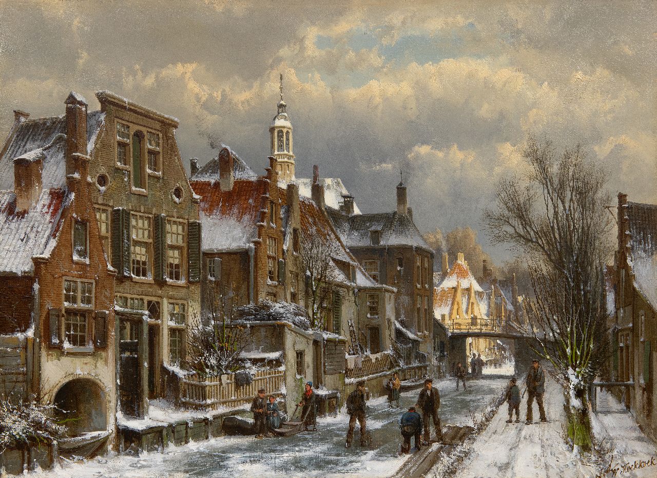 Koekkoek W.  | Willem Koekkoek, Winterliches Stadtbild mit Figuren, Öl auf Leinwand 44,5 x 60,5 cm, Unterzeichnet u.r.