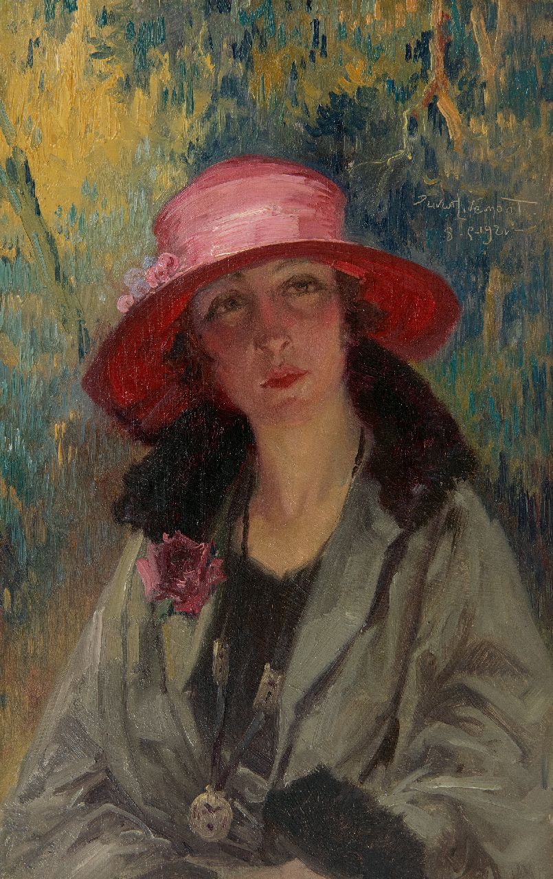 Livemont H.P.A.T.  | Henri 'Privat' Antoine Théodore Livemont, Junge Frau mit rosa Hut, Öl auf Holz 34,3 x 21,7 cm, Unterzeichnet o.r. und datiert 8-5-1921