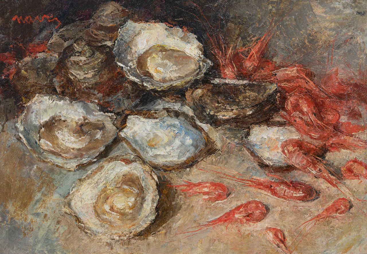 Navez A.  | Arthur Navez | Gemälde zum Verkauf angeboten | Stilleben mit Austern und Garnelen, Öl auf Leinwand 35,0 x 50,2 cm, Unterzeichnet o.l.