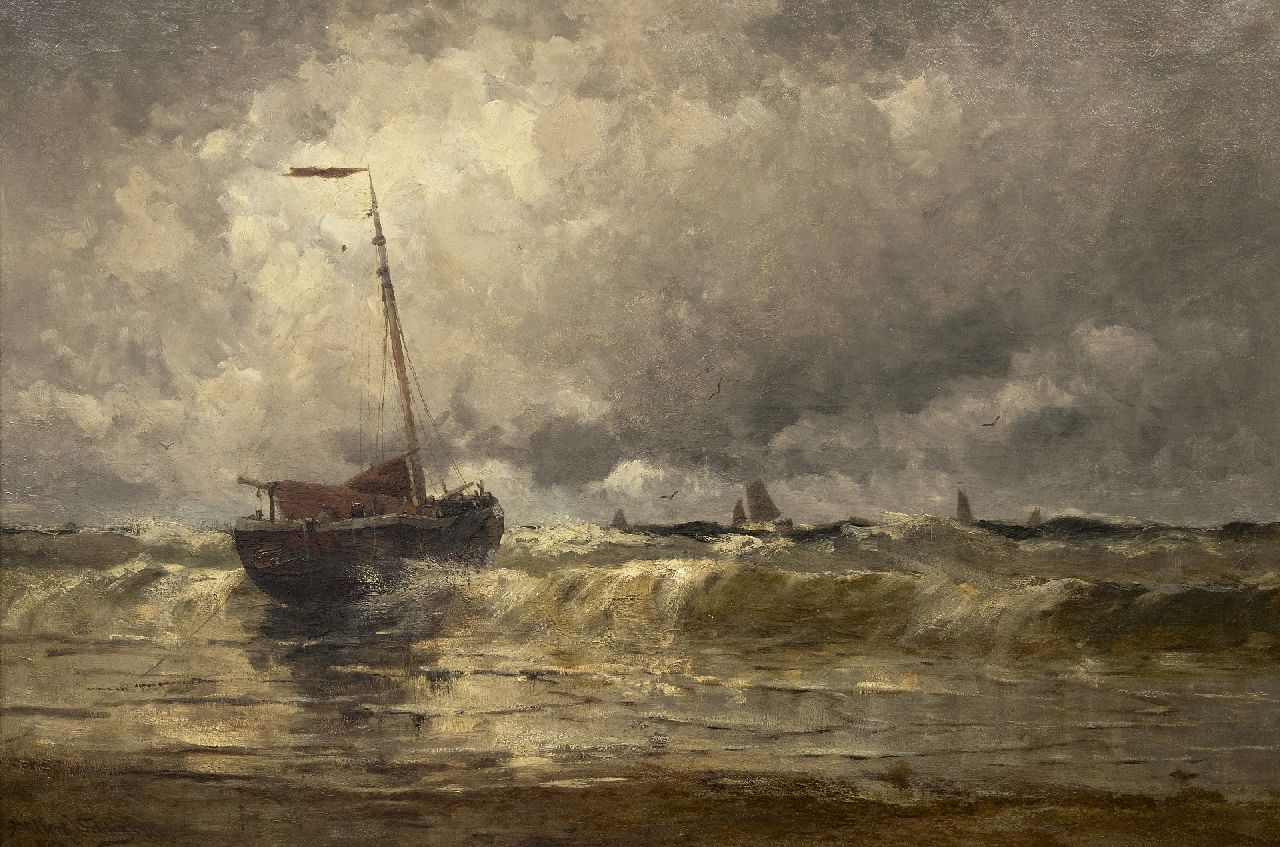 Schütz W.J.  | Willem Johannes Schütz | Gemälde zum Verkauf angeboten | Schiffe in der Brandung, Öl auf Leinwand 80,5 x 120,4 cm, signed l.l. und dated 1880