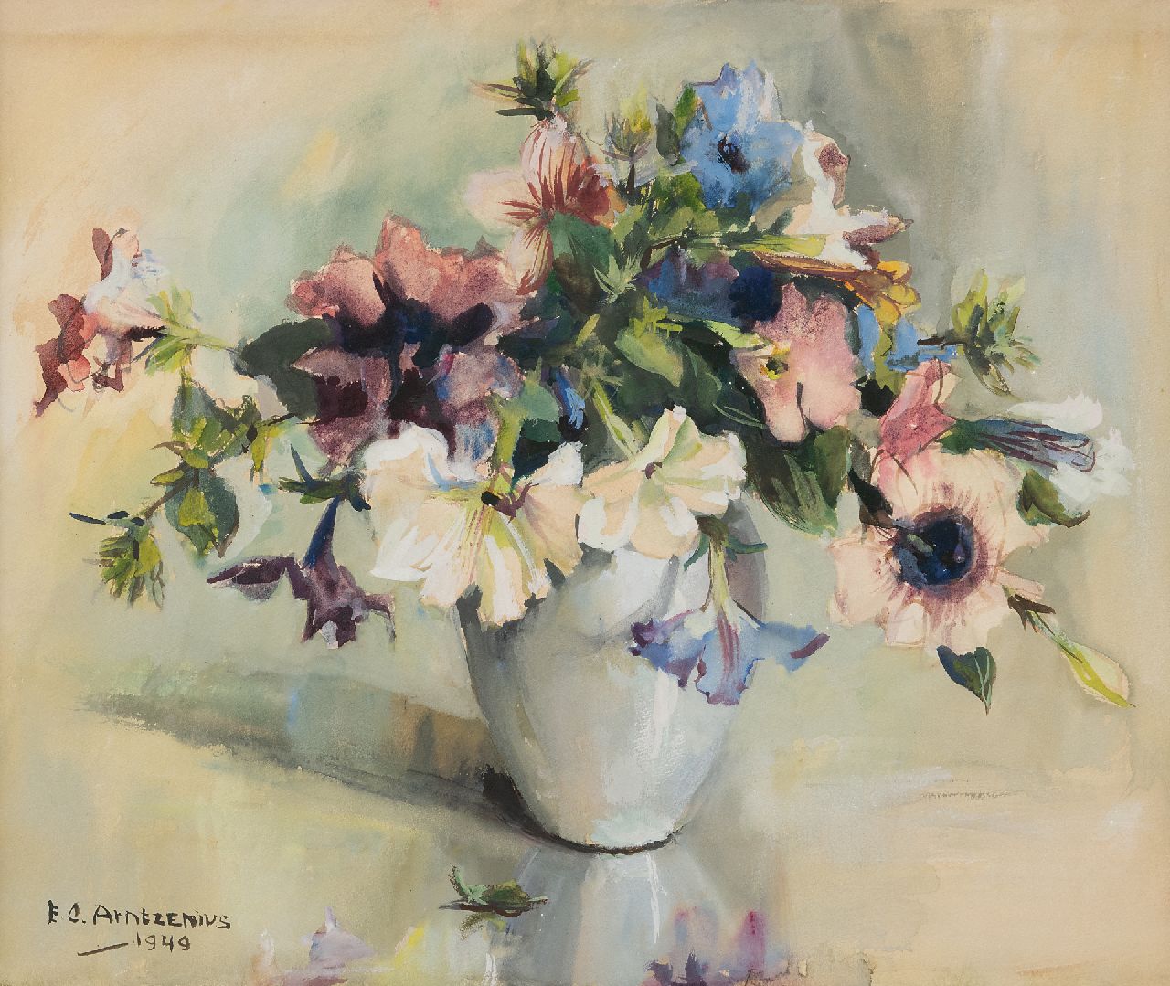 Elise Arntzenius | Blumen in einer weißen Vase, Aquarell auf Papier, 36,6 x 43,0 cm, Unterzeichnet u.l. und datiert 1949
