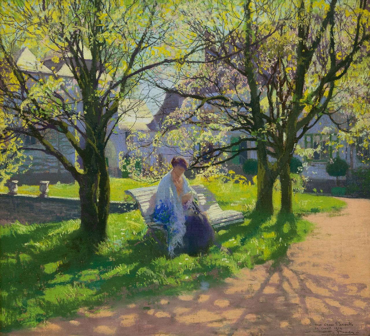 Baes F.  | Firmin Baes, Eine Frau, die im Garten strickt, Pastell auf Papier 45,0 x 49,8 cm, Unterzeichnet r.u. und datiert 19 April 1914