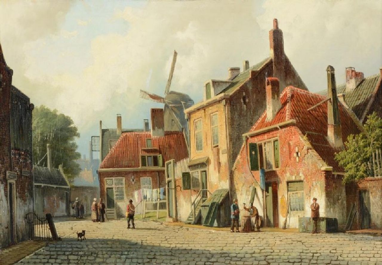 Koekkoek W.  | Willem Koekkoek, Holländisches Dorfstrasse mit Windmühle, Öl auf Leinwand 37,6 x 54,4 cm