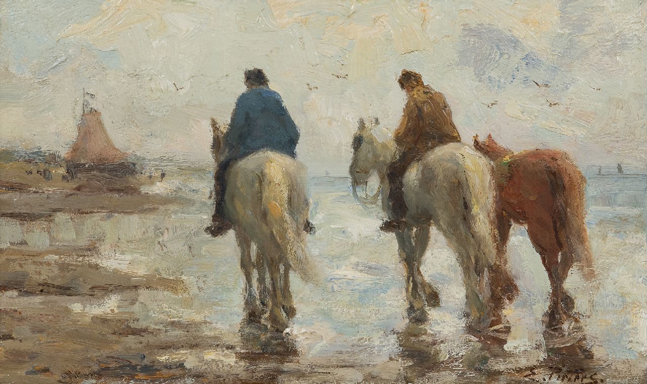 Pieters E.  | Evert Pieters | Gemälde zum Verkauf angeboten | Strandszene mit Pferden, Katwijk, Öl auf Holz 24,0 x 39,0 cm, Unterzeichnet u.r.