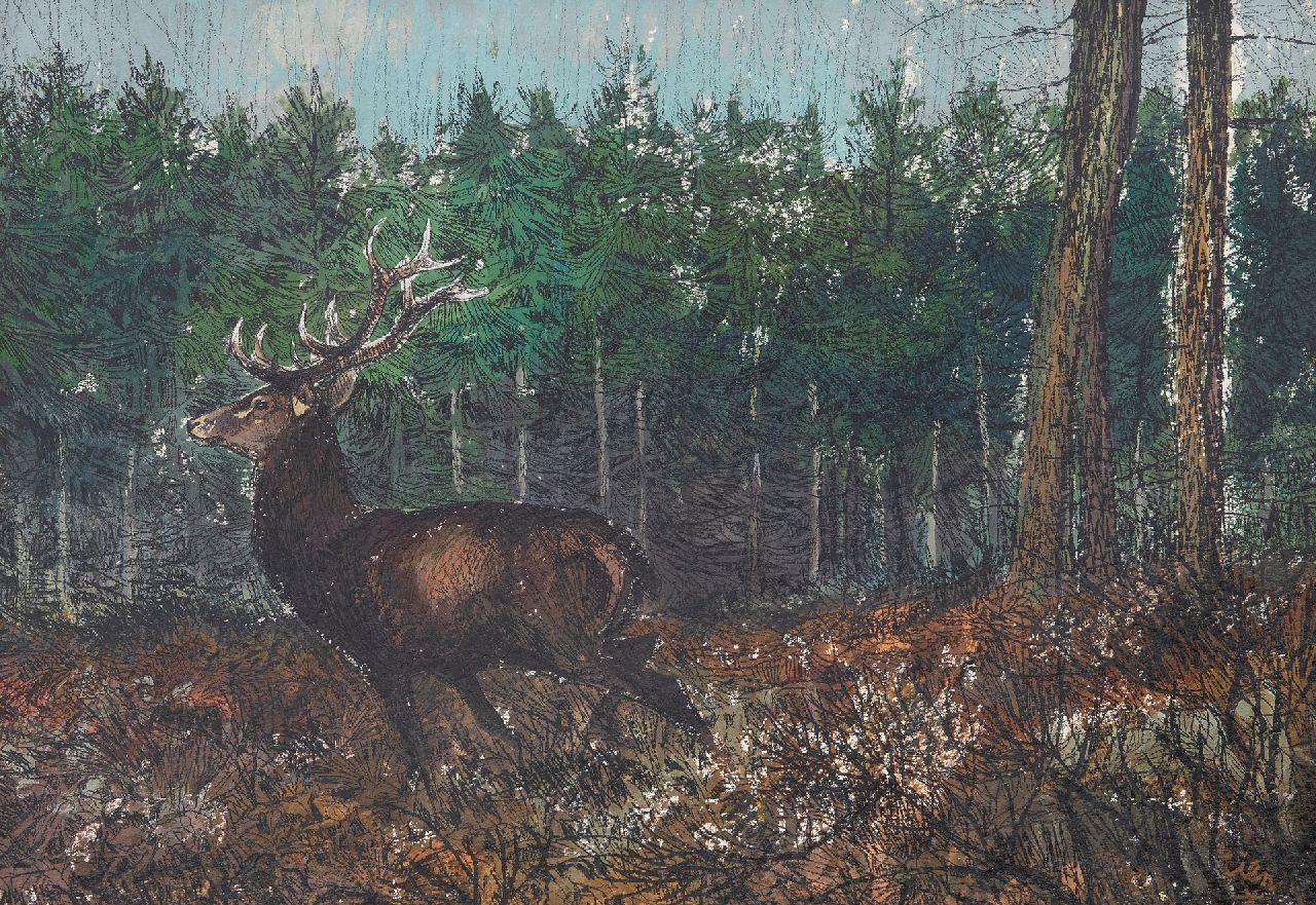 Poortvliet R.  | Rien Poortvliet, Hirsch im Wald, Acryl auf Papier 29,4 x 41,9 cm, Unterzeichnet r.u.