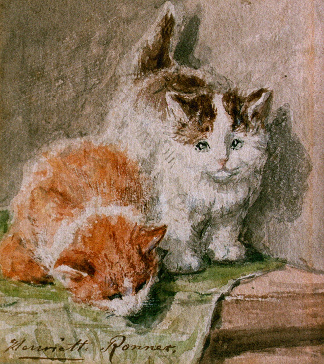 Ronner-Knip H.  | Henriette Ronner-Knip, Two kittens, Aquarell auf Papier 11,5 x 9,5 cm, signed l.l.
