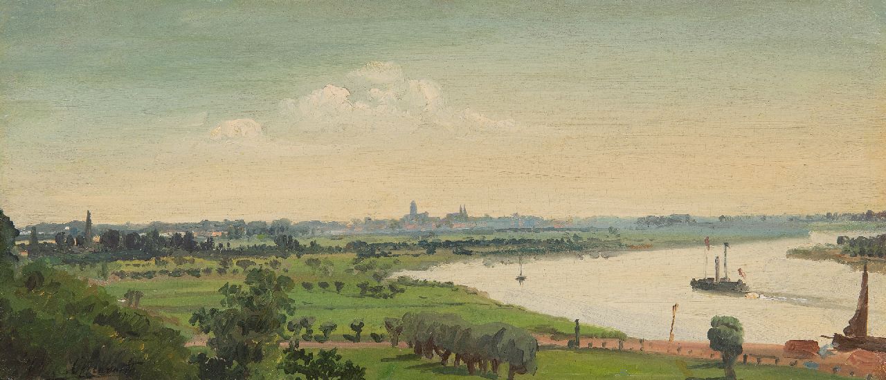 Oppenoorth W.J.  | 'Willem' Johannes Oppenoorth, Sommerliche Flusslandschaft, Deventer in der Ferne, Öl auf Leinwand auf Holz 21,2 x 46,1 cm, Unterzeichnet u.l.