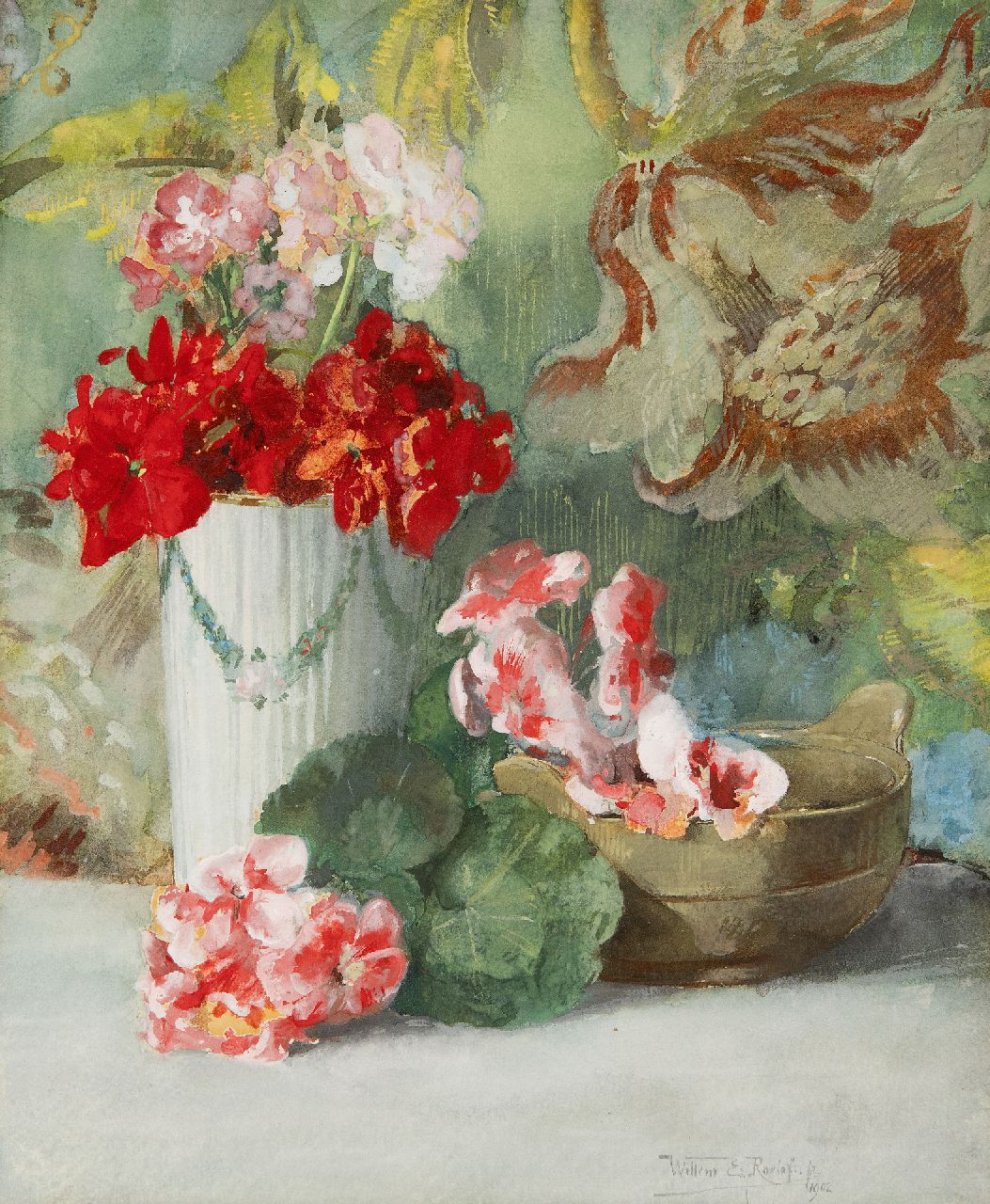 Willem Elisa Roelofs jr. | Stillleben mit Vase und Schüssel, Aquarell auf Papier, 25,6 x 20,8 cm, Unterzeichnet u.r. und datiert 1902