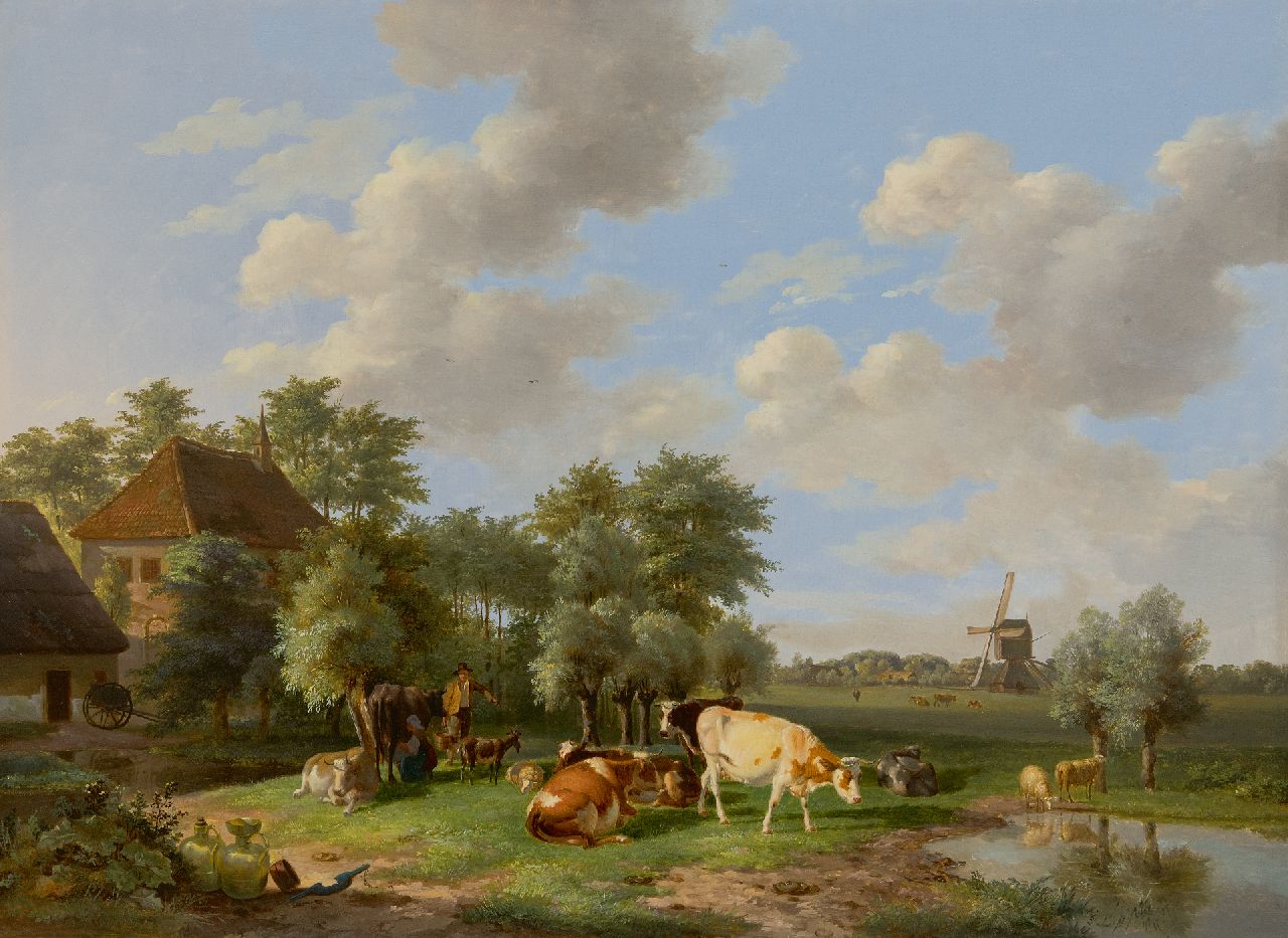 Lebret F.  | Frans Lebret | Gemälde zum Verkauf angeboten | Melkzeit auf dem Bauernhof, Öl auf Holz 52,3 x 70,8 cm, Unterzeichnet u.r. mit Initialen