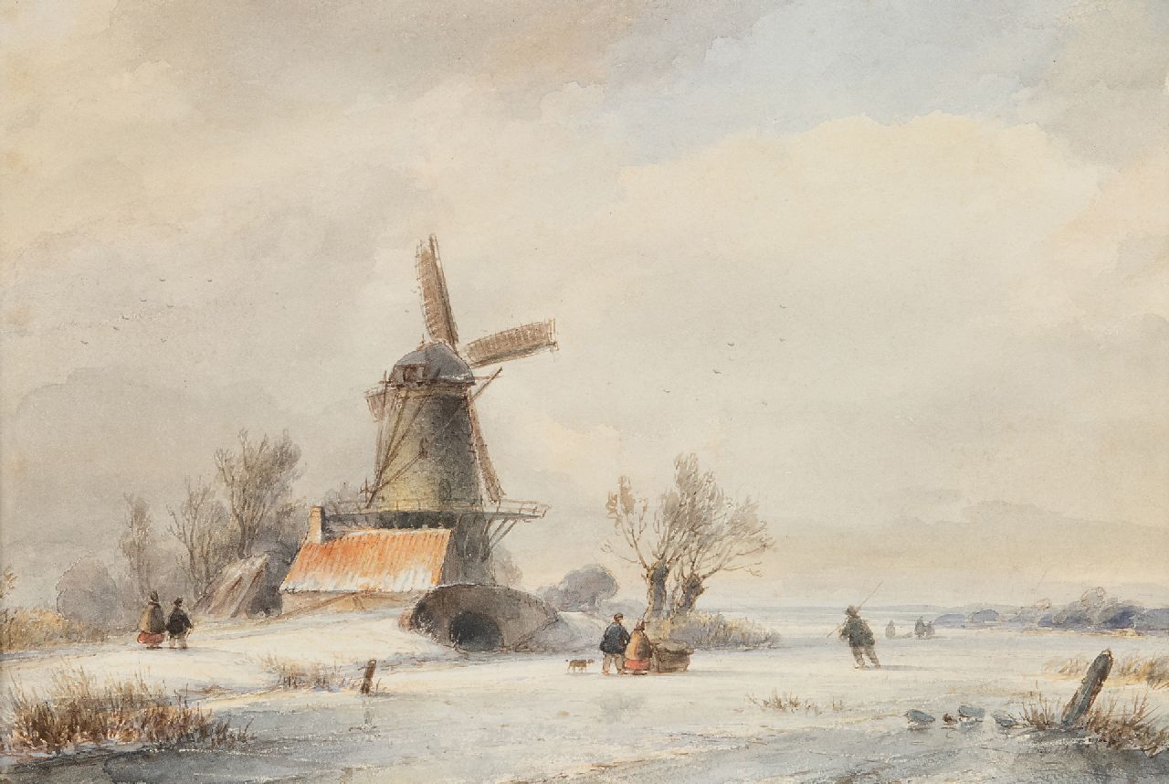 Kleijn L.J.  | Lodewijk Johannes Kleijn, Schneelandschaft mit Skater und Schlitten auf dem Eis, Aquarell auf Papier 17,6 x 26,4 cm, Unterzeichnet im Verso